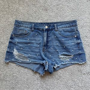 Pearl embellished denim shorts